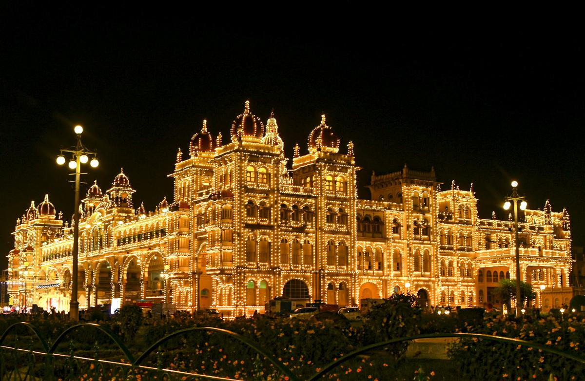 The illuminated Mysore Palace during the Dasara festivities in October 2024. 