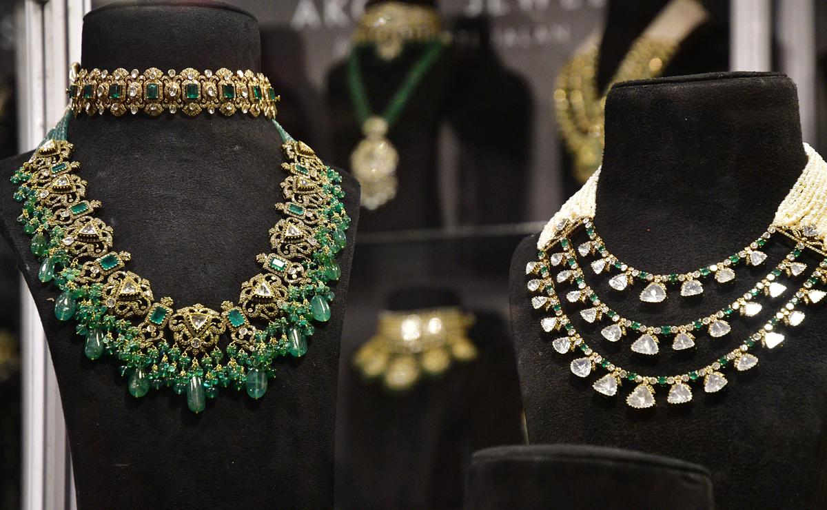 Jewellery studded with precious stones on display 