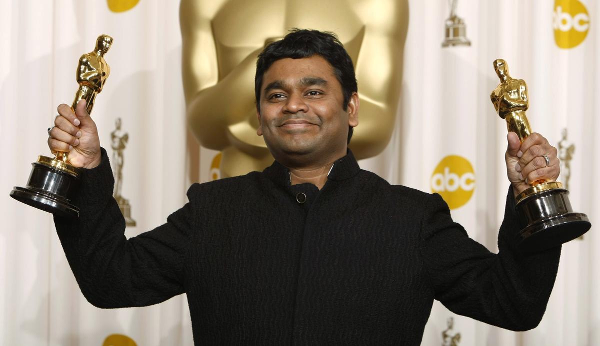 A.R. Rahman holds up his Oscars for best original song and best original score for “Slumdog Millionaire” backstage at the 81st Academy Awards in Hollywood, California, February 22, 2009. 