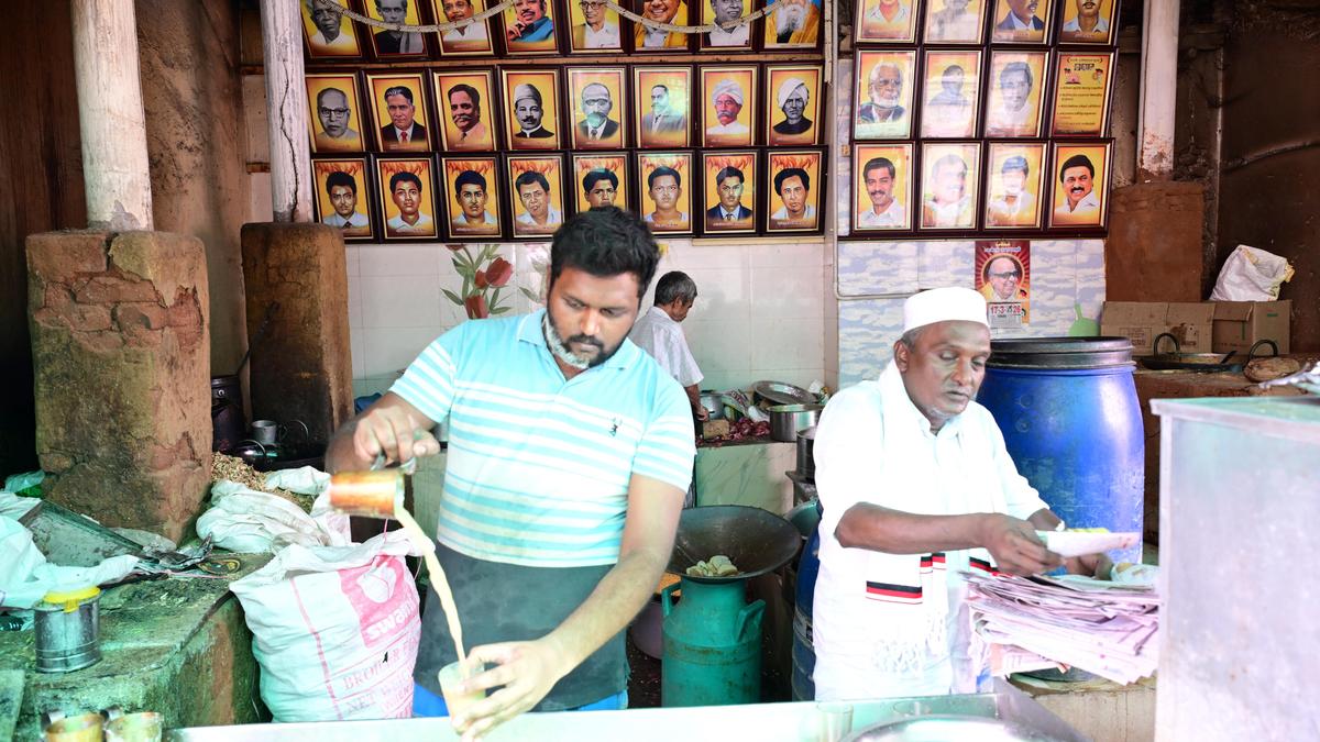 Tamil Nadu election 2026: Photo gallery of Dravidian stalwarts at a tea-shop in interior Dindigul
