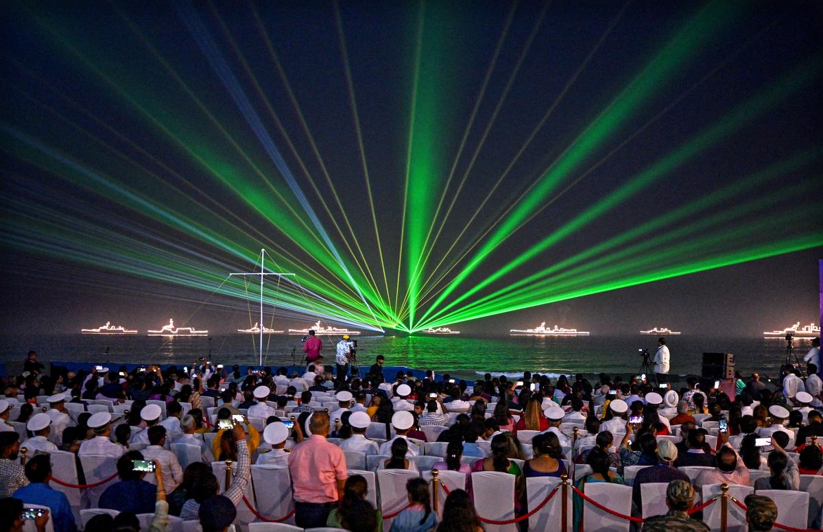 A laser show illuminating the coastline during the Eastern Naval Command’s operational demonstration in Visakhapatnam on Saturday.