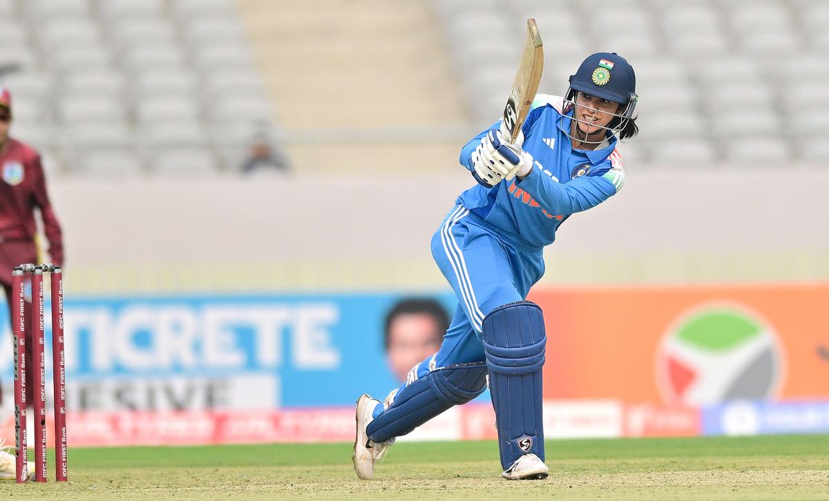 Smriti Mandhana plays a shot during the first ODI against West Indies in Vadodara on December 22, 2024.