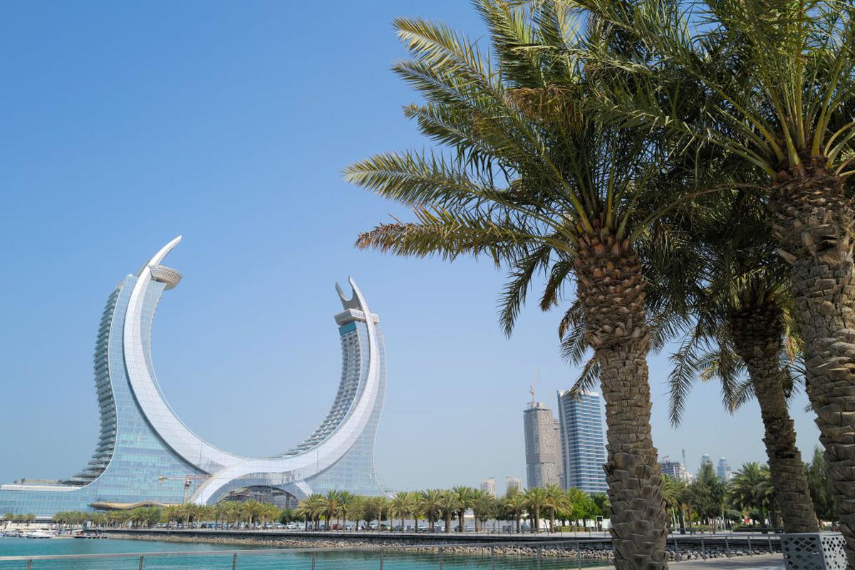 Caption: The twin Katara Towers in Doha’s Lusail City neighbourhood is modelled after Qatar’s national seal of the scimitar swords.