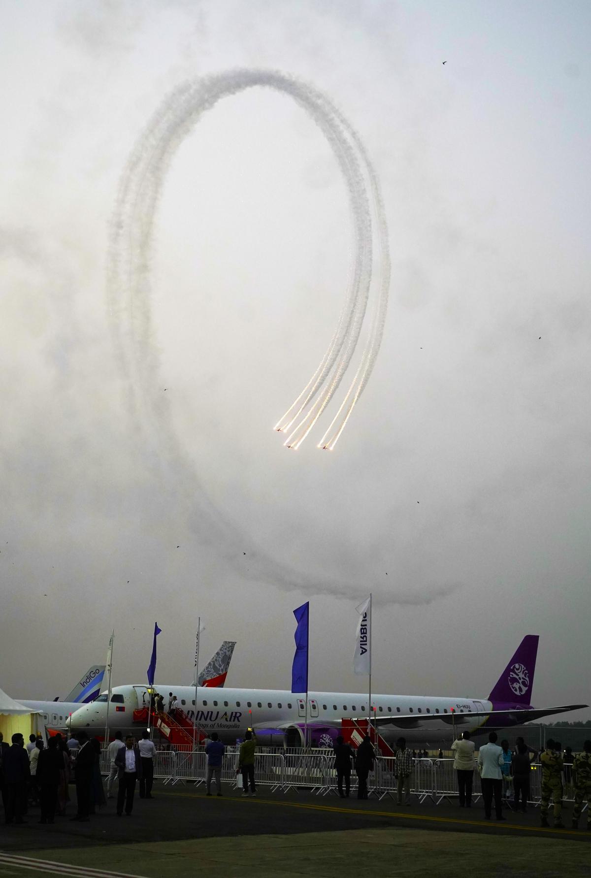 The Mark Jefferies Global Stars Aerobatic Team performs flying display at Wings India 2026 in Hyderabad on Thursday.