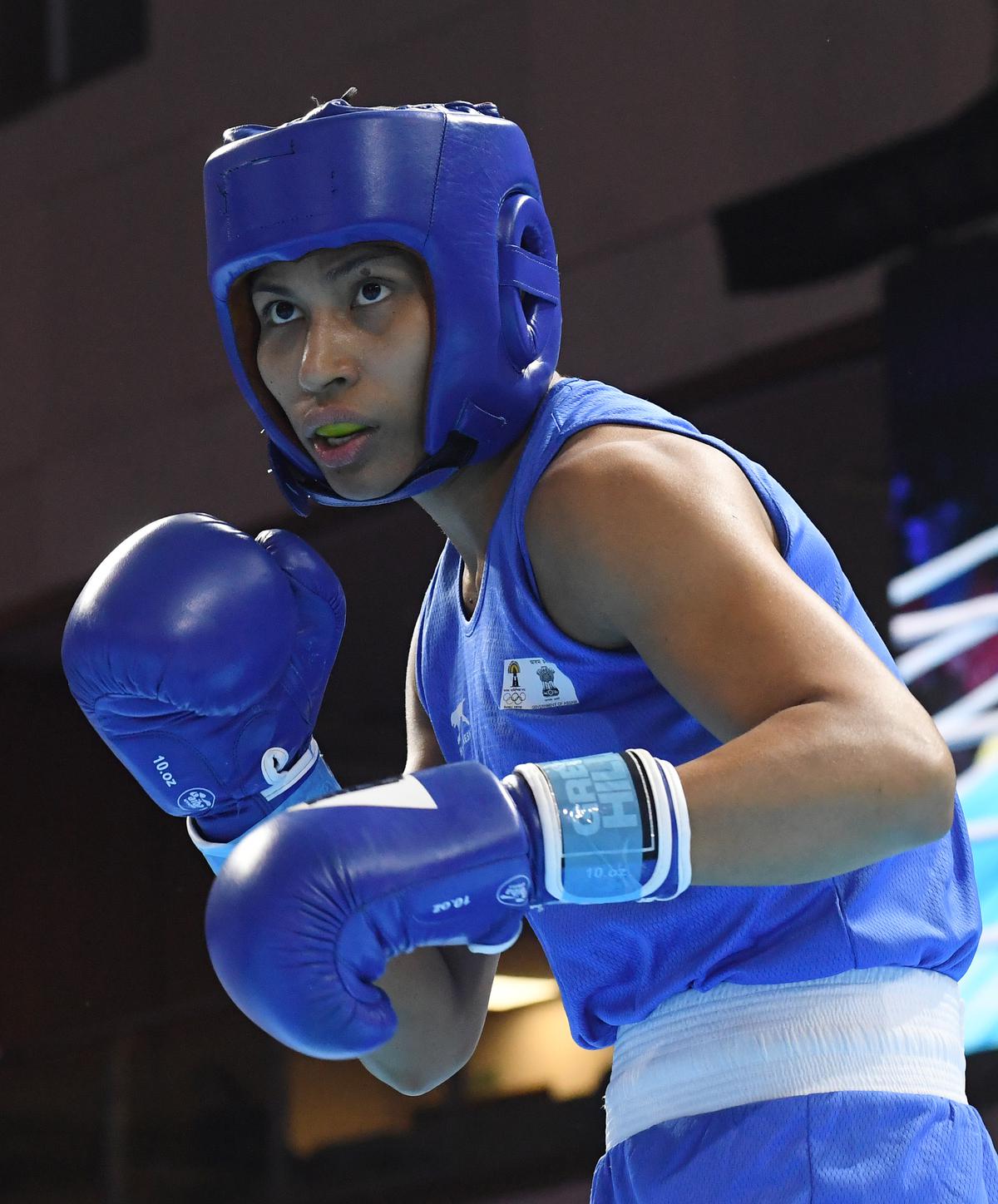 Lovlina Borgohain of Assam, who won against Indraja K.A. of Kerala, during the quarterfinals of the women’s 75 kg middle weight category in the boxing arena of the 36th National Games at Gandhinagar on October 9, 2022.