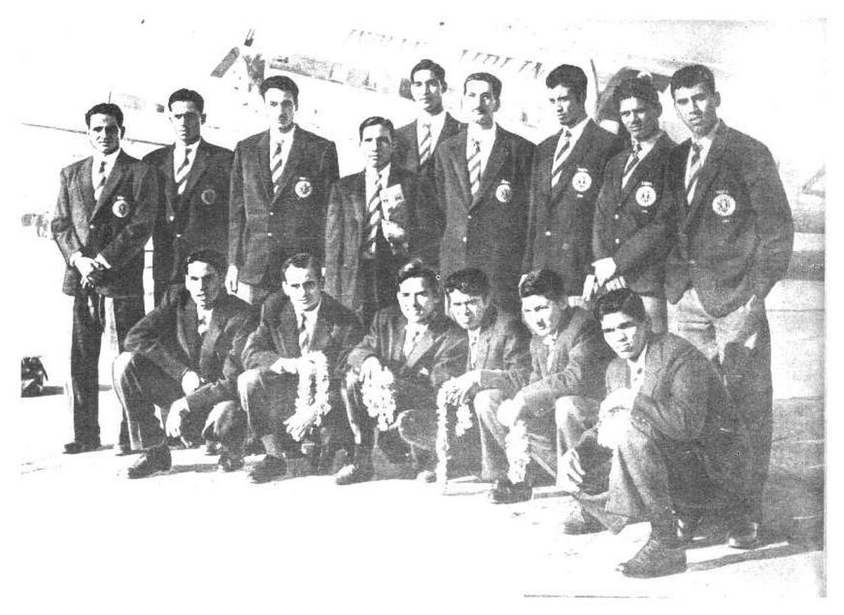 The Indian Football Team photographed at Delhi before they emplaned for Kabul to play against Afghanistan in the Olympic qualifying round. S.A. Rahim (coach) is seen standing fourth from left.