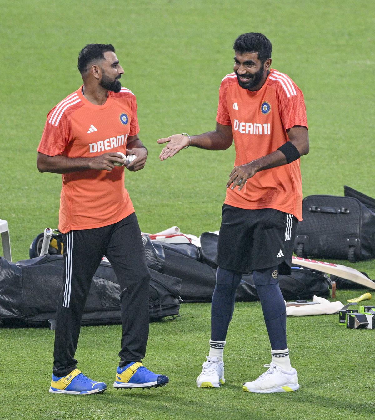 Jasprit Bumrah and Mohammed Shami during practice session at Maharashtra Cricket Association Stadium, Pune.