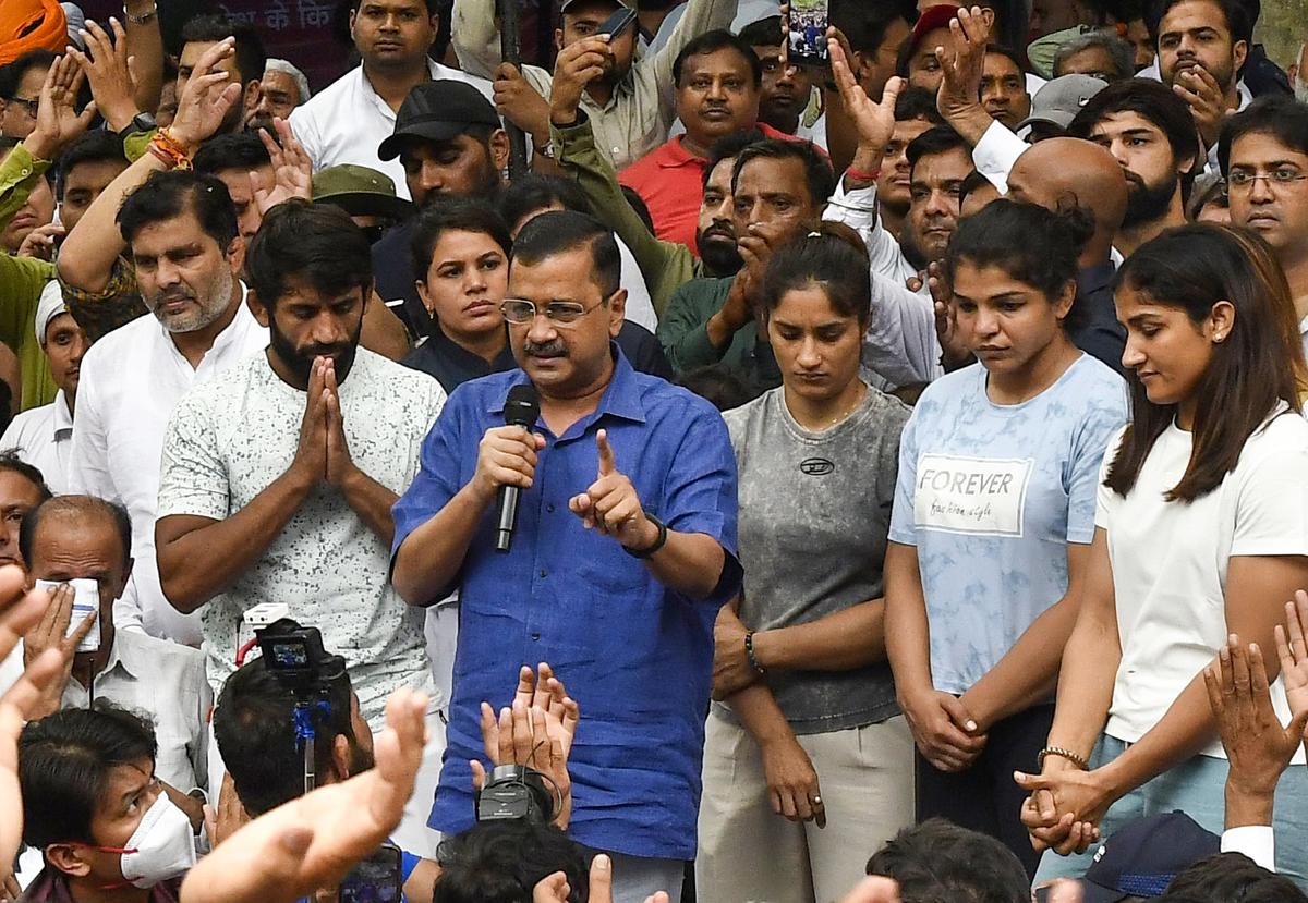 Delhi Chief Minister Arvind Kejriwal speaks in solidarity with the protesting wrestlers in New Delhi. 