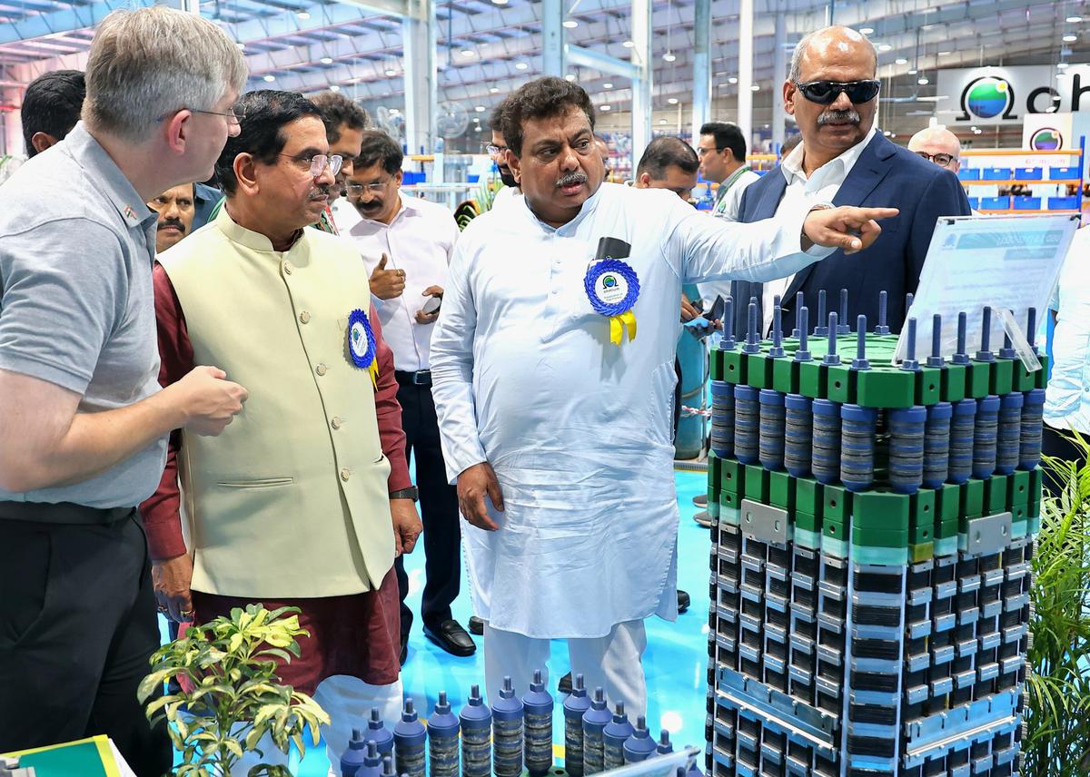 Union Minister Pralhad Joshi and Minister M.B. Patil at the launch of the green hydrogen electrolyser gigafactory near Doddaballapur on Friday.