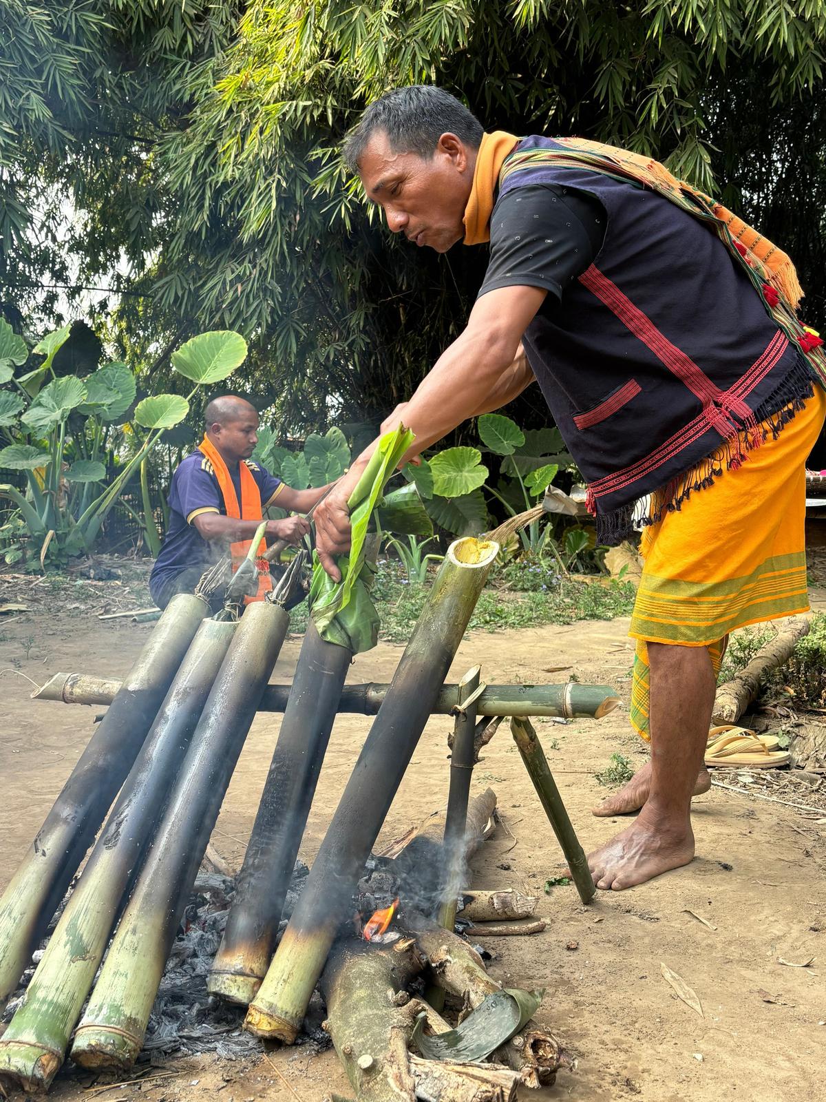 Food being cooked in bamboo