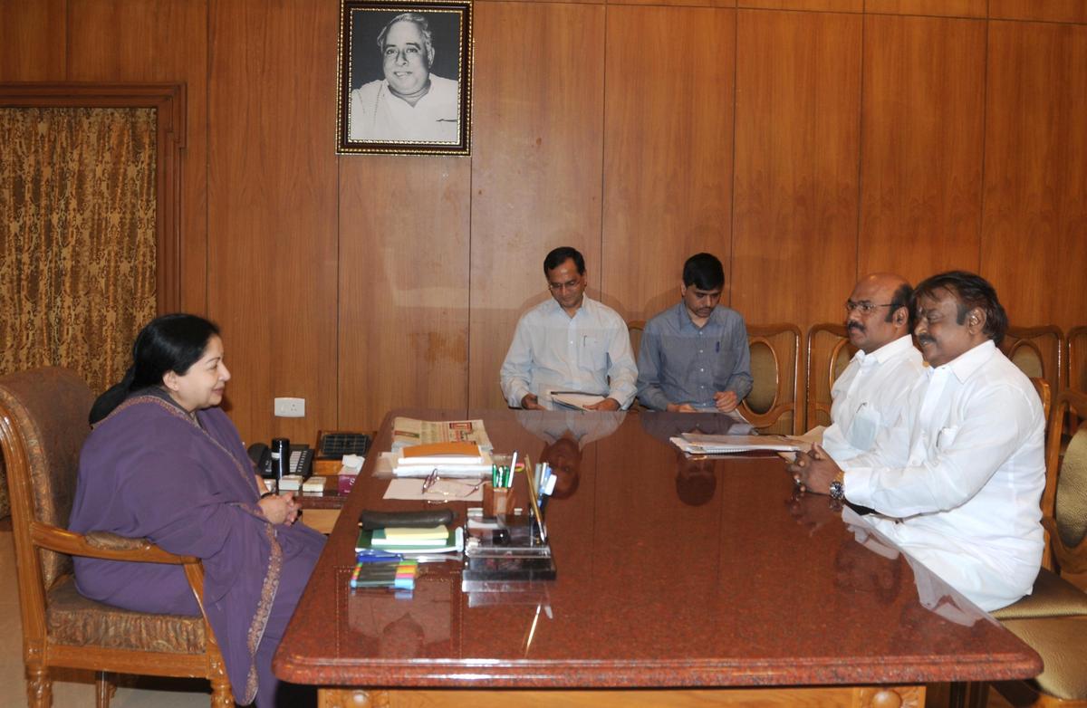 DMDK president and Opposition leader in Tamil Nadu Assembly Vijayakant calling on Chief Minister Jayalalithaa at the Secretariat on August 8, 2011 DMDK president and Opposition leader in Tamil Nadu Assembly Vijayakant calling on Chief Minister Jayalalithaa at the Secretariat on August 8, 2011