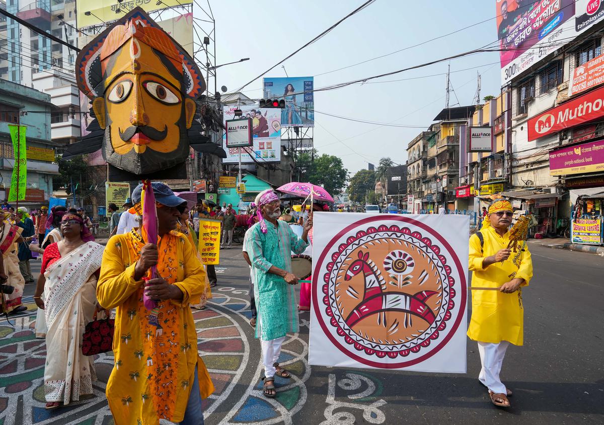 People take part in a rally to celebrate Bengali New Year in Kolkata on Saturday, April 15, 2023. 