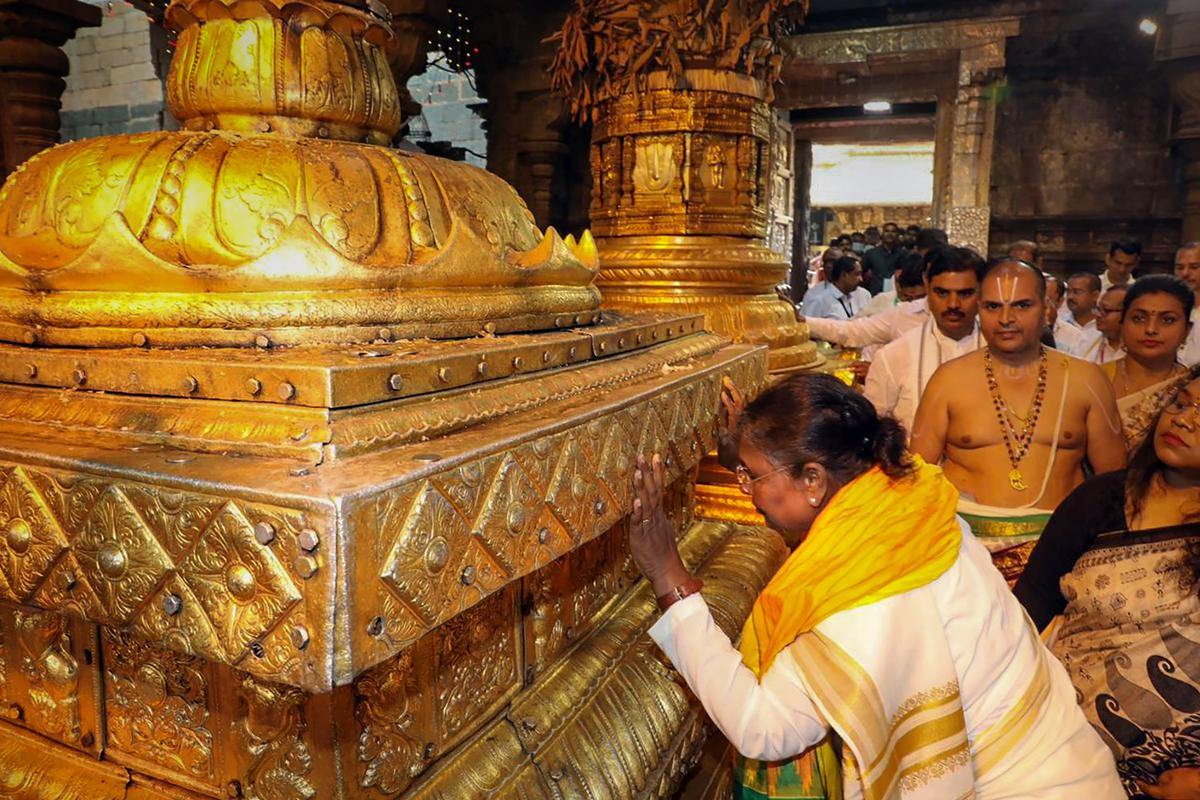 President Droupadi Murmu offers prayers at Lord Venkateswara temple in Tirumala on December 5, 2022.
