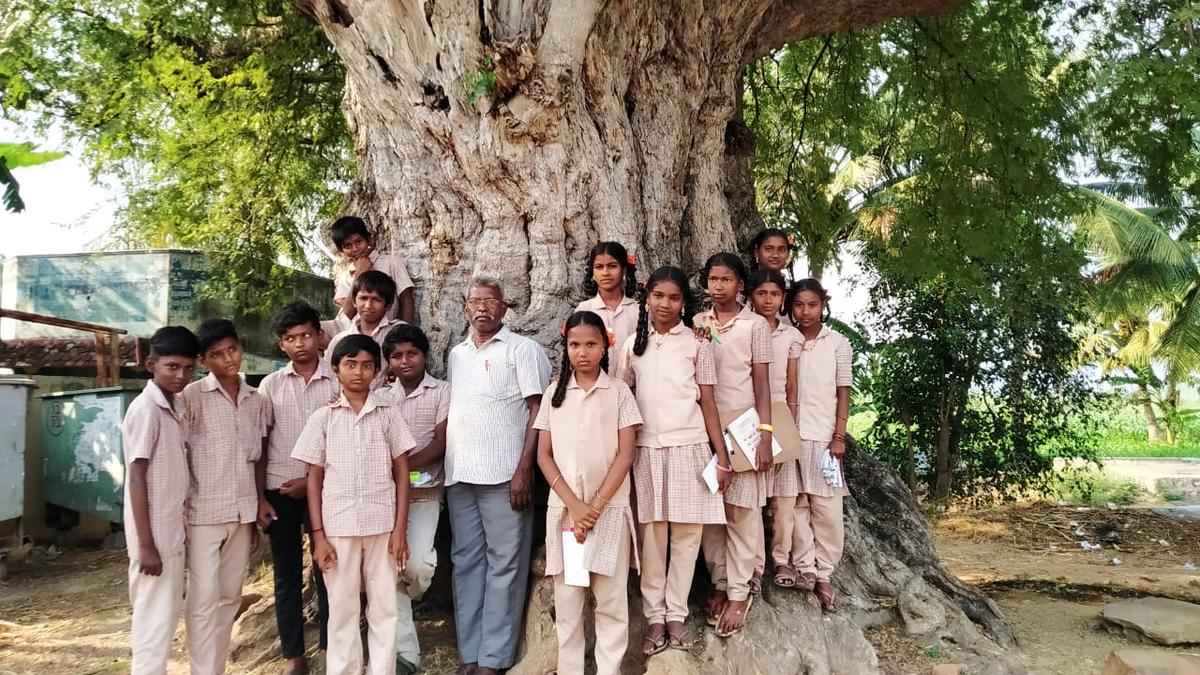 Students of Panchayat Union middle school, Thalavaipatti, Salem with their teacher Mr. Rajangam monitoring trees as part of the SeasonWatch programme.