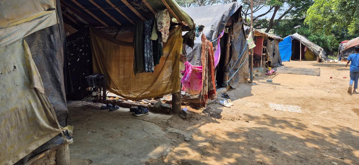 A view of migrants camp on the outskirts of Shivamogga.  