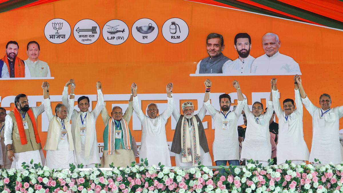 Prime Minister Narendra Modi and Bihar Chief Minister Nitish Kumar along with NDA leaders during a public rally. Prime Minister Narendra Modi and Bihar Chief Minister Nitish Kumar along with NDA leaders during a public rally.