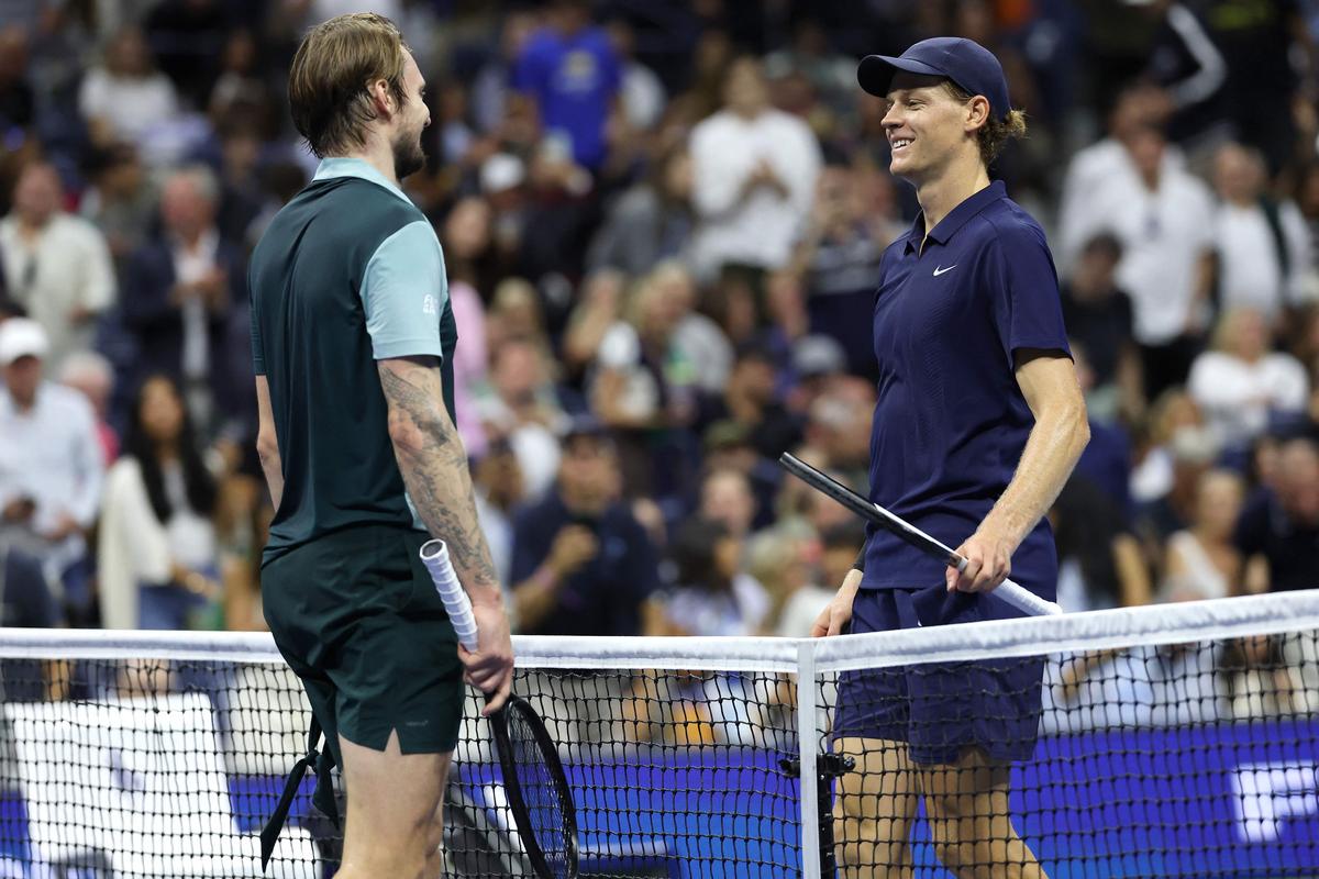 Sinner greets Alexander Bublik following their fourth-round match at the U.S. Open Sinner greets Alexander Bublik following their fourth-round match at the U.S. Open