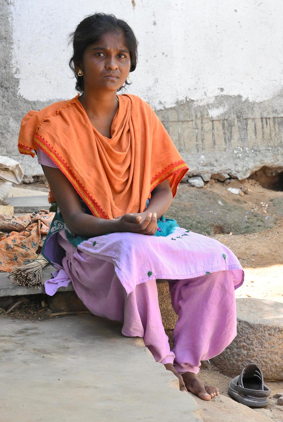 M. Sathya, 27, a survivor of the Kallakurichi hooch tragedy at her house in Karunapuram on Monday, June 24, 2024 