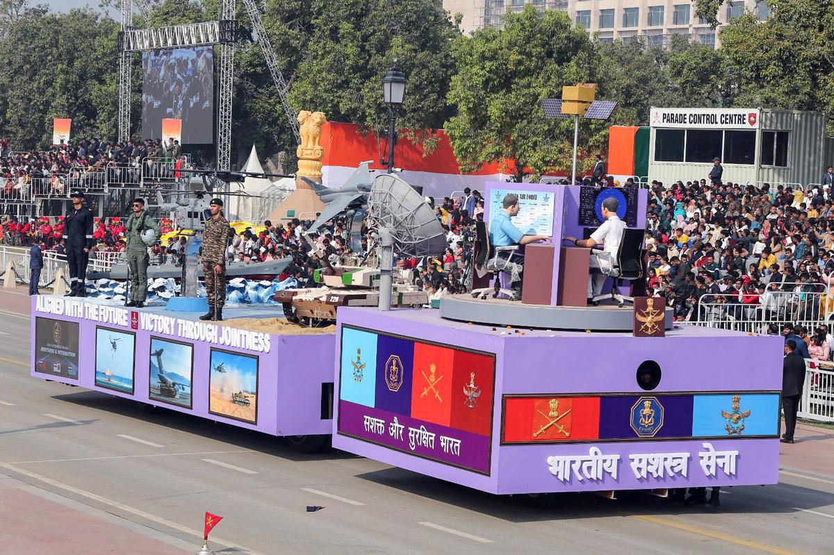 Tri-Services tableau at Kartavya Path in New Delhi Tri-Services tableau at Kartavya Path in New Delhi