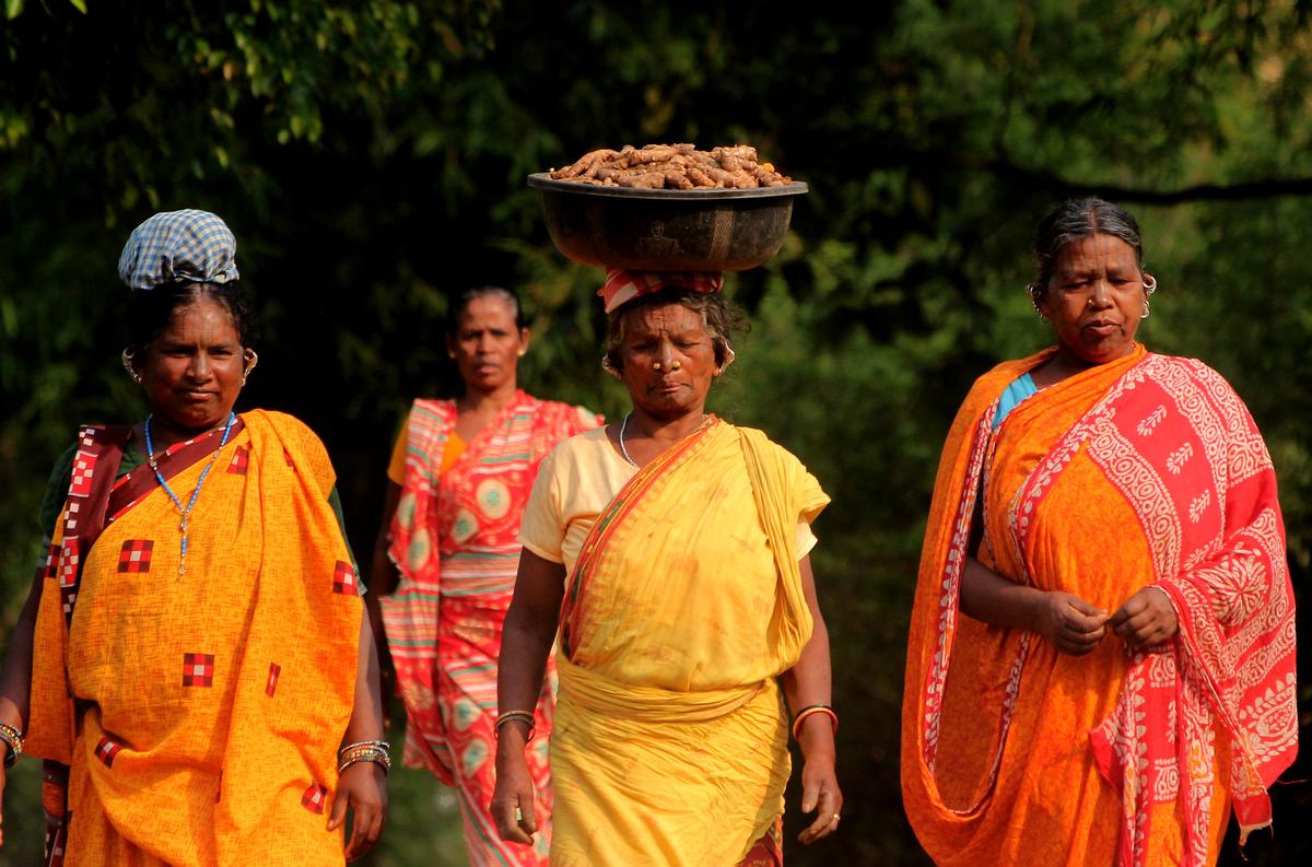 Old women of the Kanda caste tribe are seen as drawing traditional tattooed faces in the Dalimbadi area of ​​Kandhamar region of Odisha. 