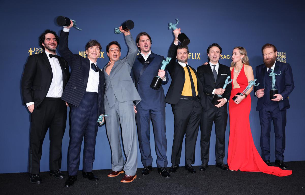 Cast members of Oppenheimer pose with the award Cast in a Motion Picture at the 30th Screen Actors Guild Awards, in Los Angeles, California, U.S., February 24, 2024.