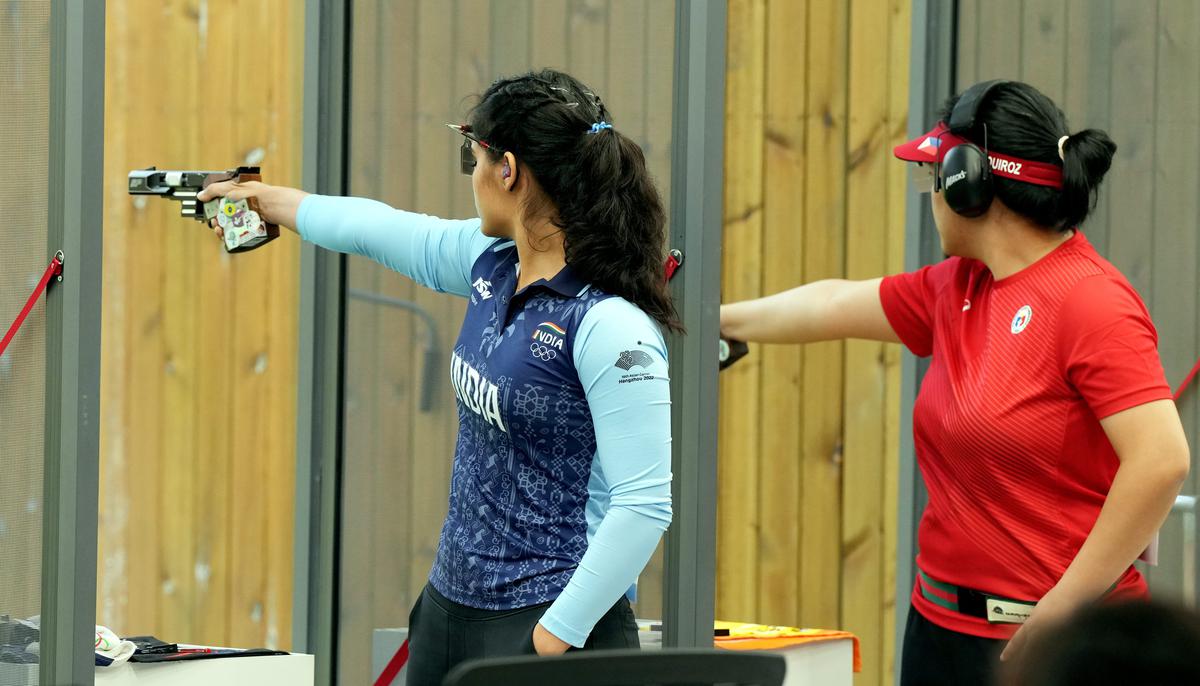 Indian shooter Manu Bhaker competes in the women’s 25m pistol rapid individual qualification event at the 19th Asian Games, in Hangzhou, China, on Sept. 27, 2023. 