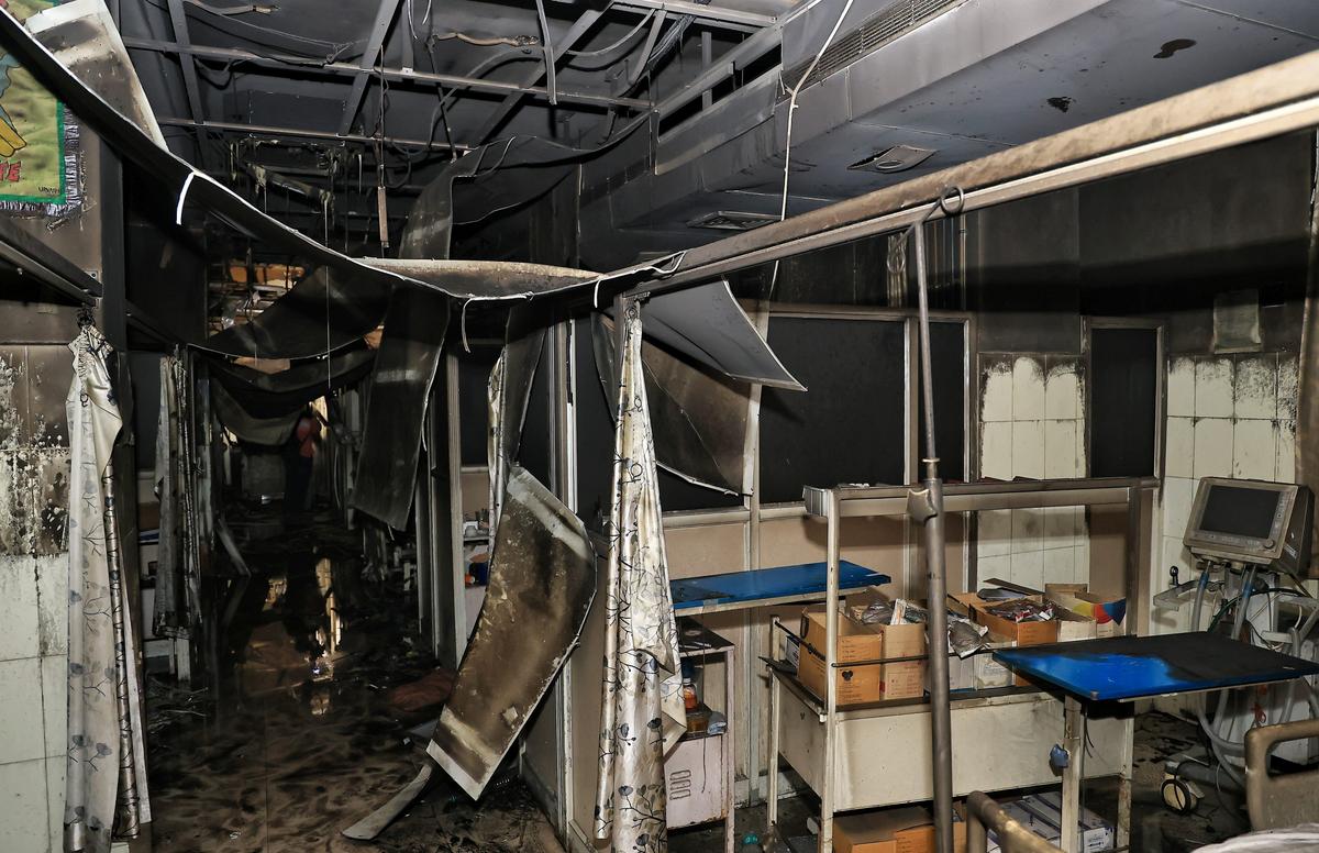 Jaipur: Charred remains after a fire broke out at the trauma centre of the state-run Sawai Man Singh (SMS) Hospital, late Sunday night, in Jaipur, Monday, Oct. 6, 2025. Six patients died in the incident. (PTI Photo)(PTI10_06_2025_000011B)