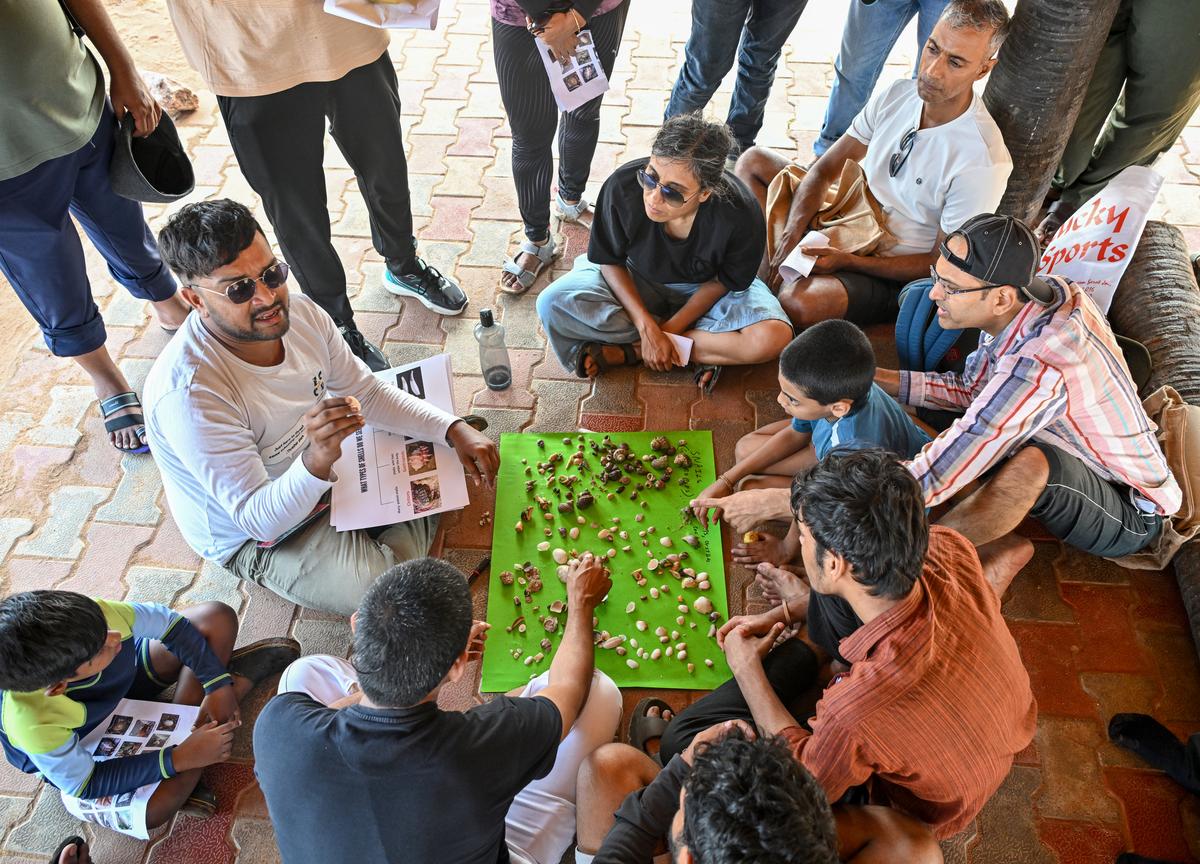 Participants learning about different types of sea shells collected during the Be A Shell Detective walk, an initiative of WWF India in association with ECCT at Rushikonda beach in Visakhapatnam. The sea shells were later returned to the coast by the participants. 