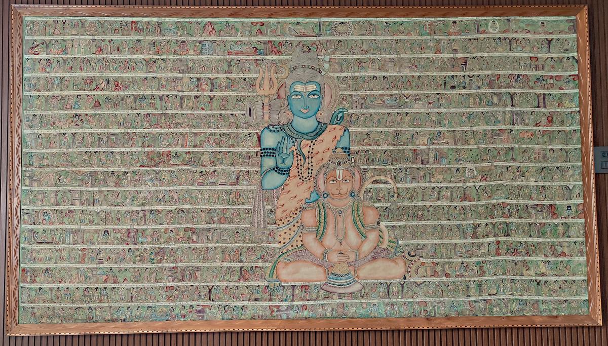 Shiva-Hanuman themed kalamkari wall panel