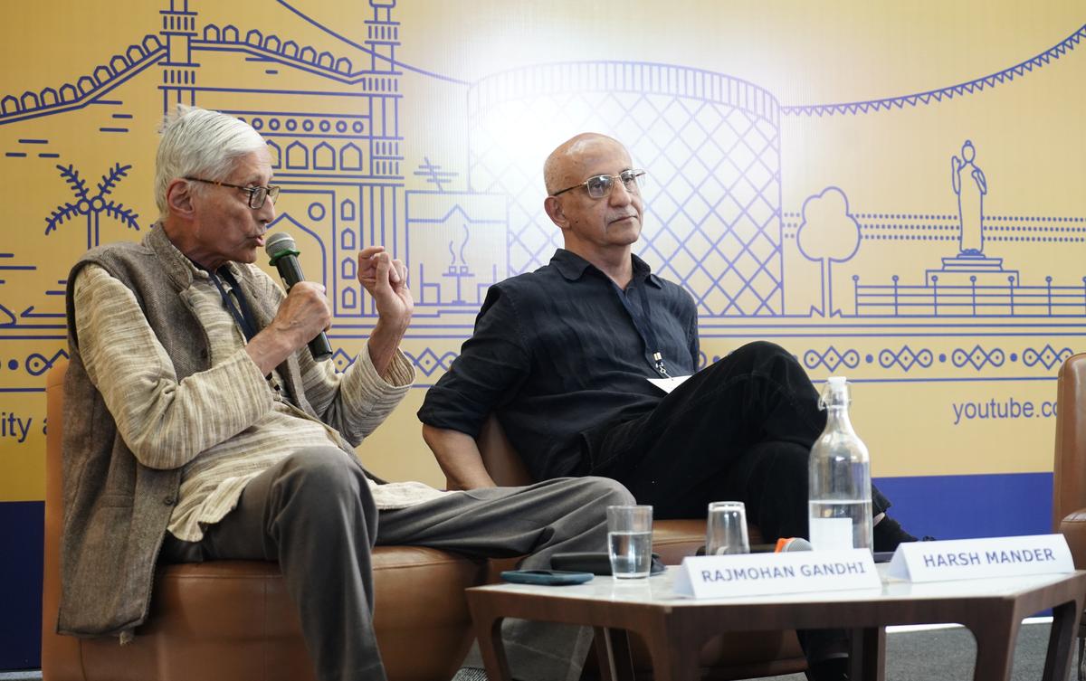 Former Rajya Sabha MP Rajmohan Gandhi along with author Harsh Mander speaking on the values of the Indian Constitution at the Hyderabad Literary Festival.