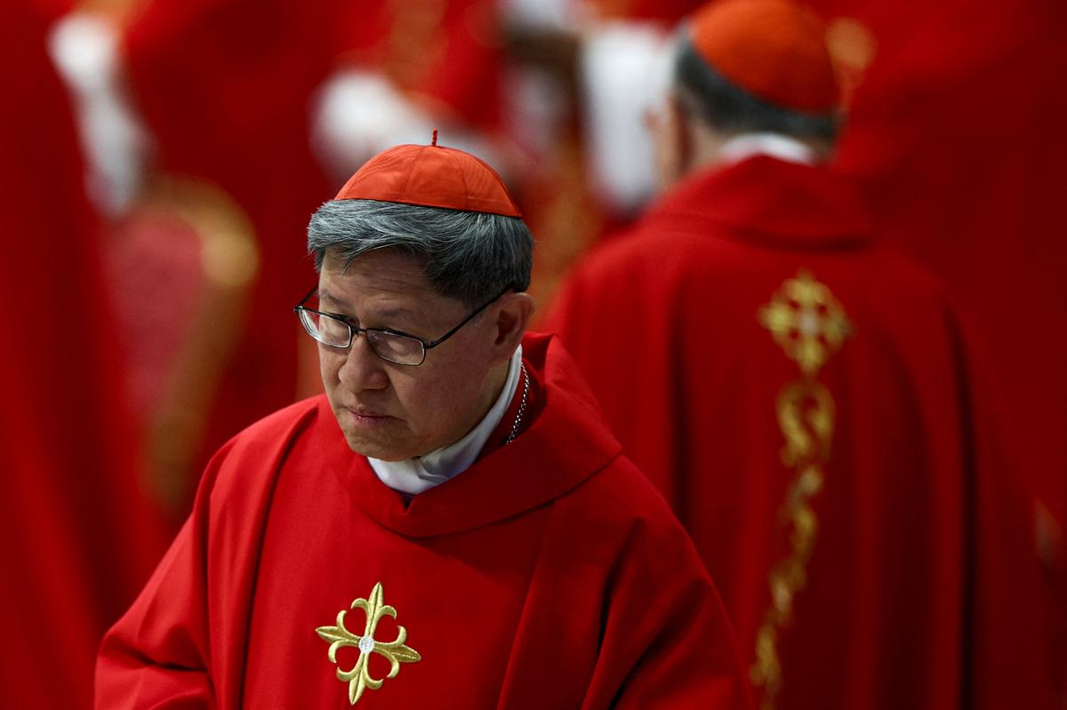 Cardinal Luis Antonio Tagle attends a mourning Mass for Pope Francis on the fifth day of Novendiali (nine days of mourning after the Pope’s funeral) at St. Peter’s Basilica at the Vatican on April 30, 2025. 