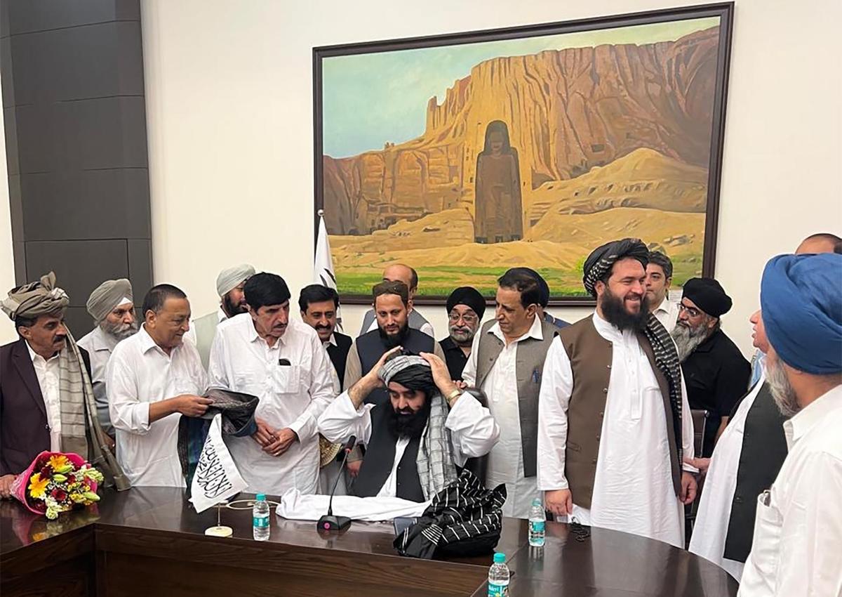 A delegation of members of the Afghan Sikh and the Hindu community meets Taliban Foreign Minister Amir Khan Muttaqi in New Delhi on October 13.  Photo: SPECIAL ARRANGEMENT