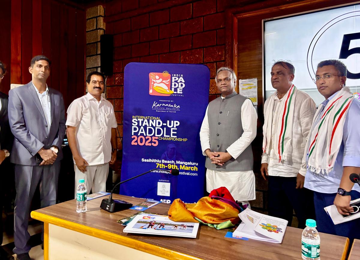Minister of Electronics, Information Technology and Biotechnology, and Rural Development and Panchayat Raj Priyank Kharge unveiling the official creatives for the second edition of the India Paddle Festival – 2025 at Sahyadri College of Engineering and Management in Mangaluru on Saturday.