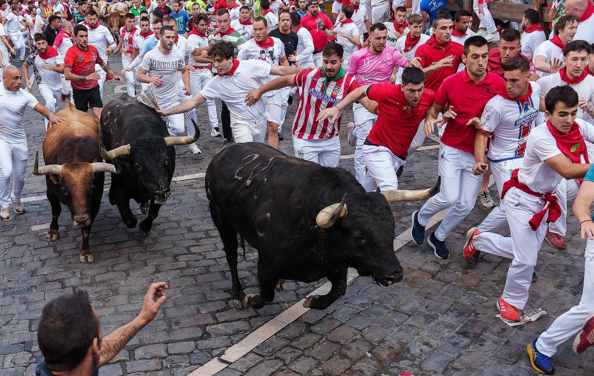 Participants run with Fuente Ymbro fighting bulls during the fourth bull run of the San Fermin festival in Pamplona, northern Spain, on July 10, 2024. Each day at 8 am hundreds of people race with six bulls and six steers along a winding 848.6-metre (more than half a mile) course through narrow streets, to the city’s bullring, where eventually the animals will be killed in an evening bullfight or ‘corrida’, during this festival, dating back to medieval times, which also features religious processions, folk dancing, concerts and round-the-clock drinking. 