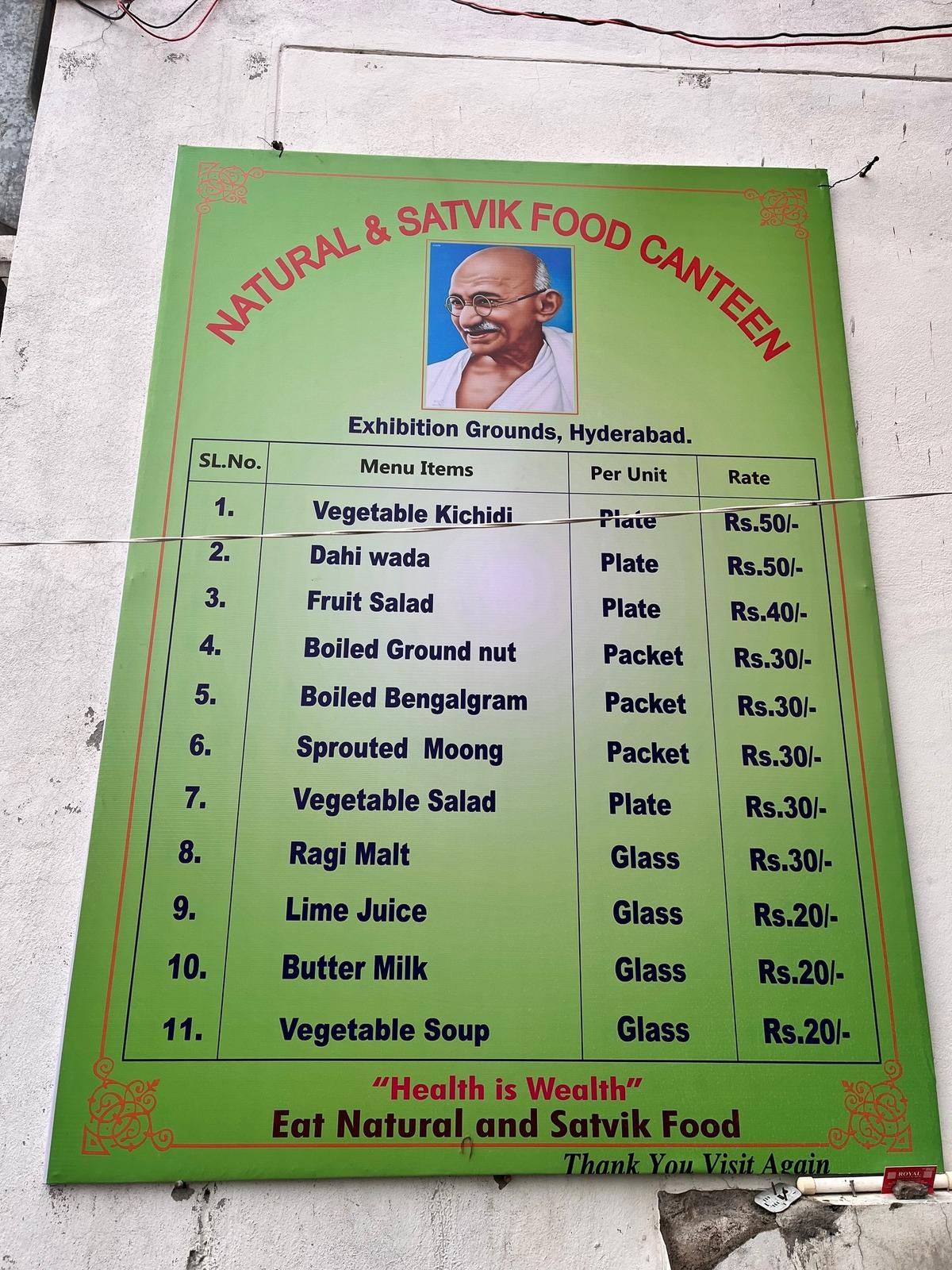 The Natural and Satvik food canteen menu