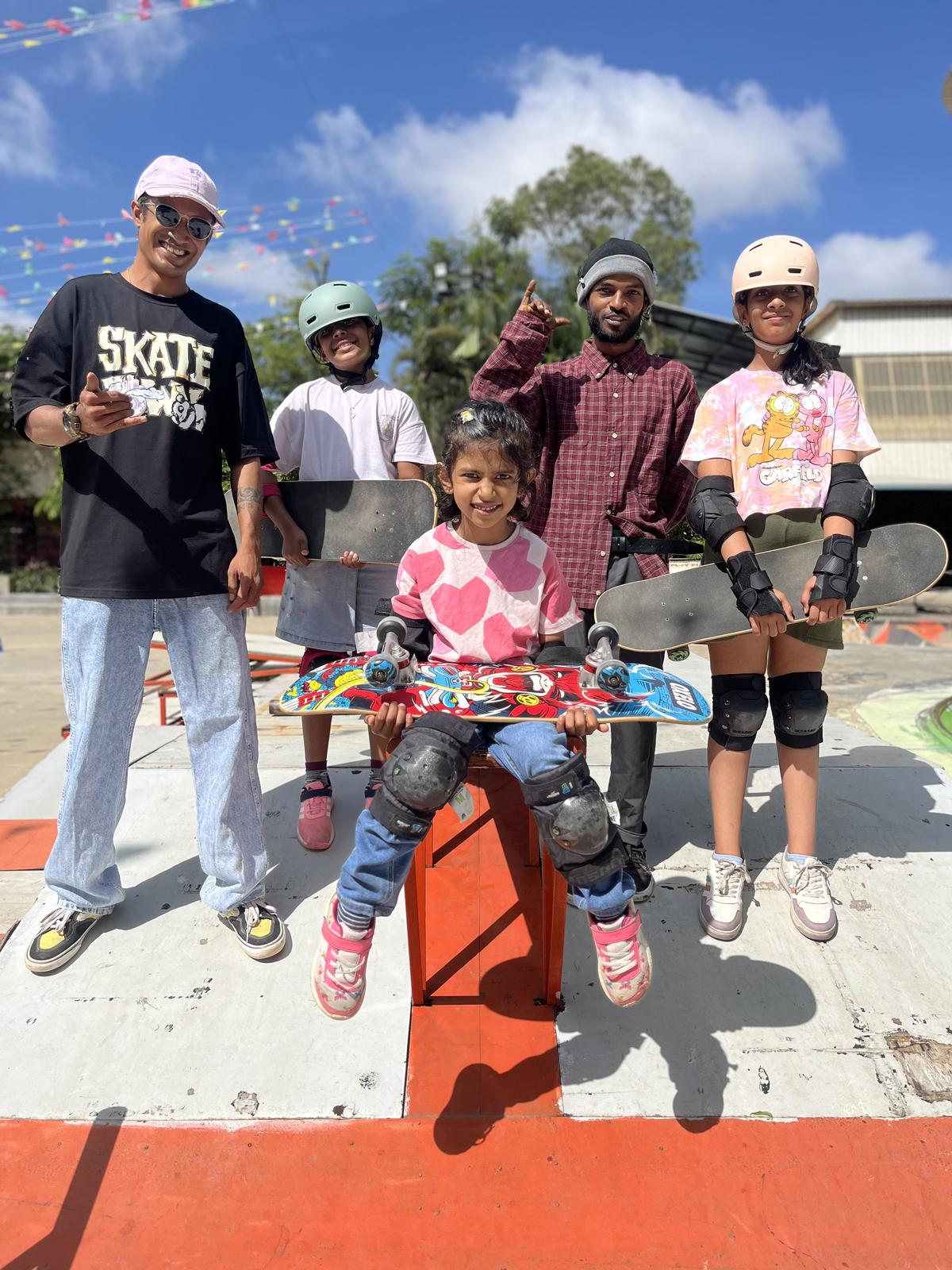 Gautham Kamath (extreme left) with youngsters at The Cave skatepark in Bengaluru.