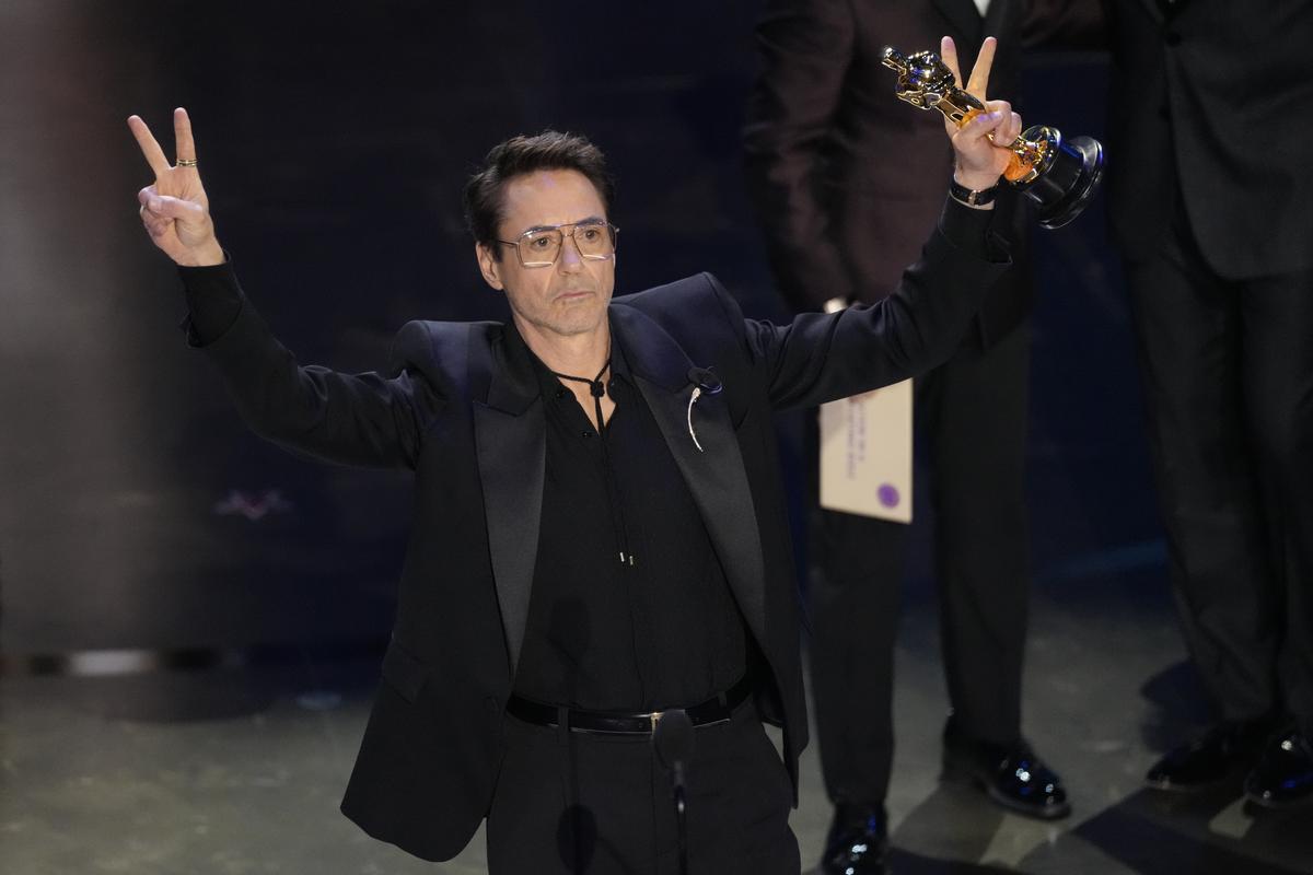 Robert Downey Jr. accepts the award for best performance by an actor in a supporting role for “Oppenheimer” during the Oscars on Sunday, March 10, 2024, at the Dolby Theatre in Los Angeles. Robert Downey Jr. accepts the award for best performance by an actor in a supporting role for “Oppenheimer” during the Oscars on Sunday, March 10, 2024, at the Dolby Theatre in Los Angeles.
