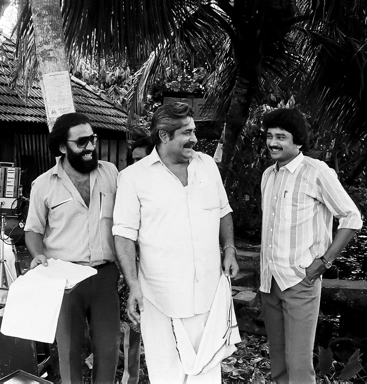 Still from Padmarajan’s Aparan in which Jayaram made his debut as an actor.  (from left) Padmarajan, Madhu and Jayaram 