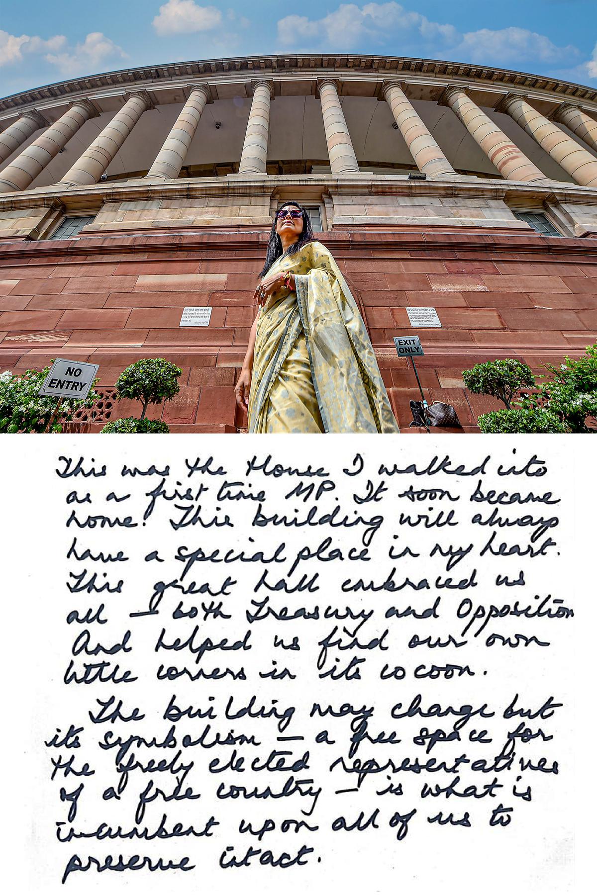 Trinamool Congress (TMC) MP of the Lok Sabha Mahua Moitra poses for a photograph in the backdrop of pillars of the old Parliament House in New Delhi.  Moitra recounts her memories of the old Parliament