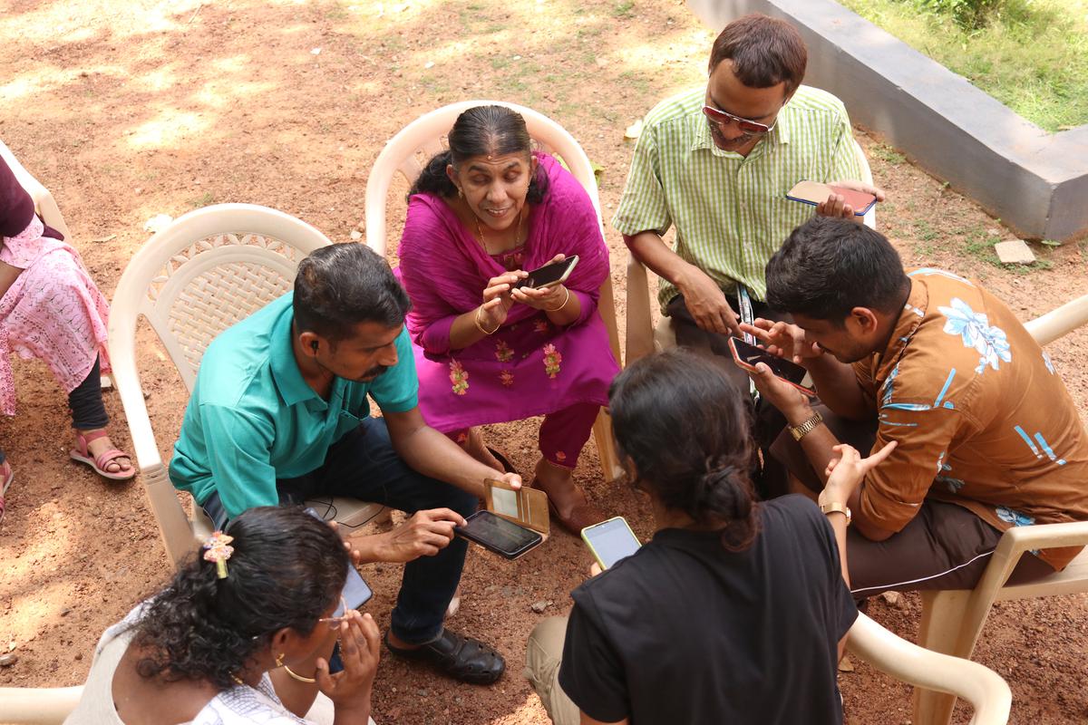 Participants learning dialogues at 3B Frames, a community theatre workshop for visually challenged organised in Thiruvananthapuram.