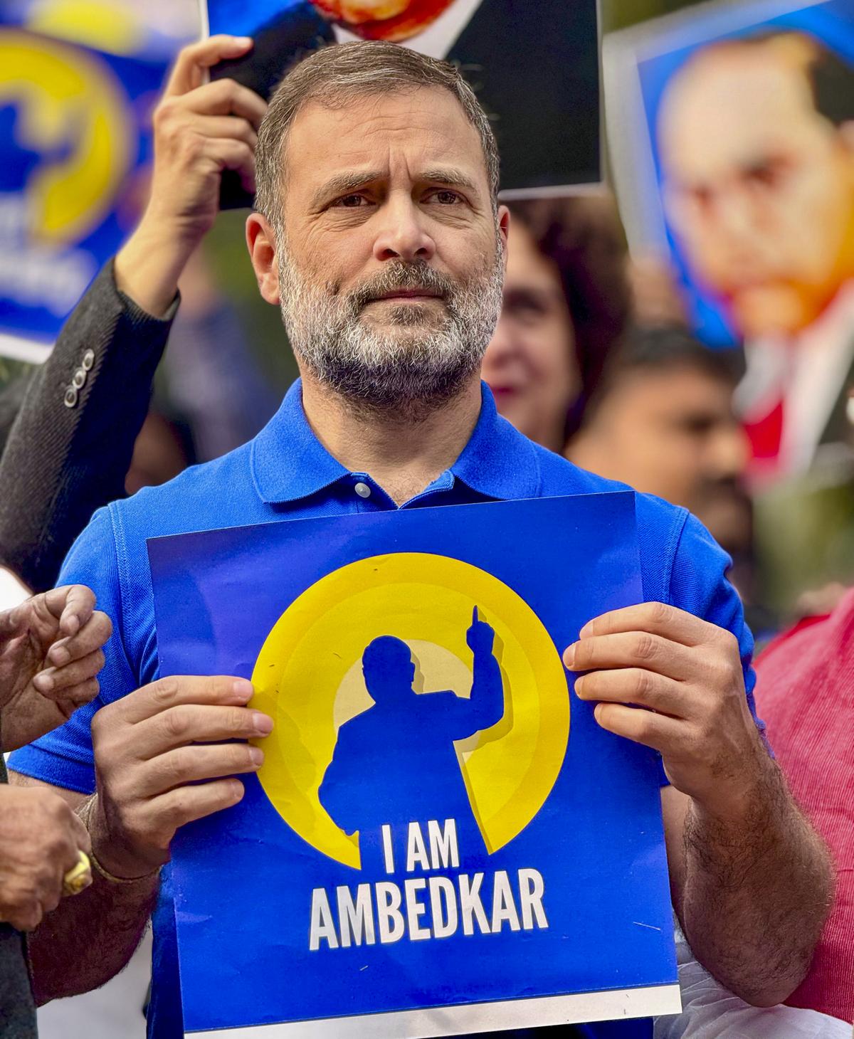 Leader of the Opposition in the Lok Sabha Rahul Gandhi during a protest by the INDIA bloc in Parliament premises on December 19, 2024.