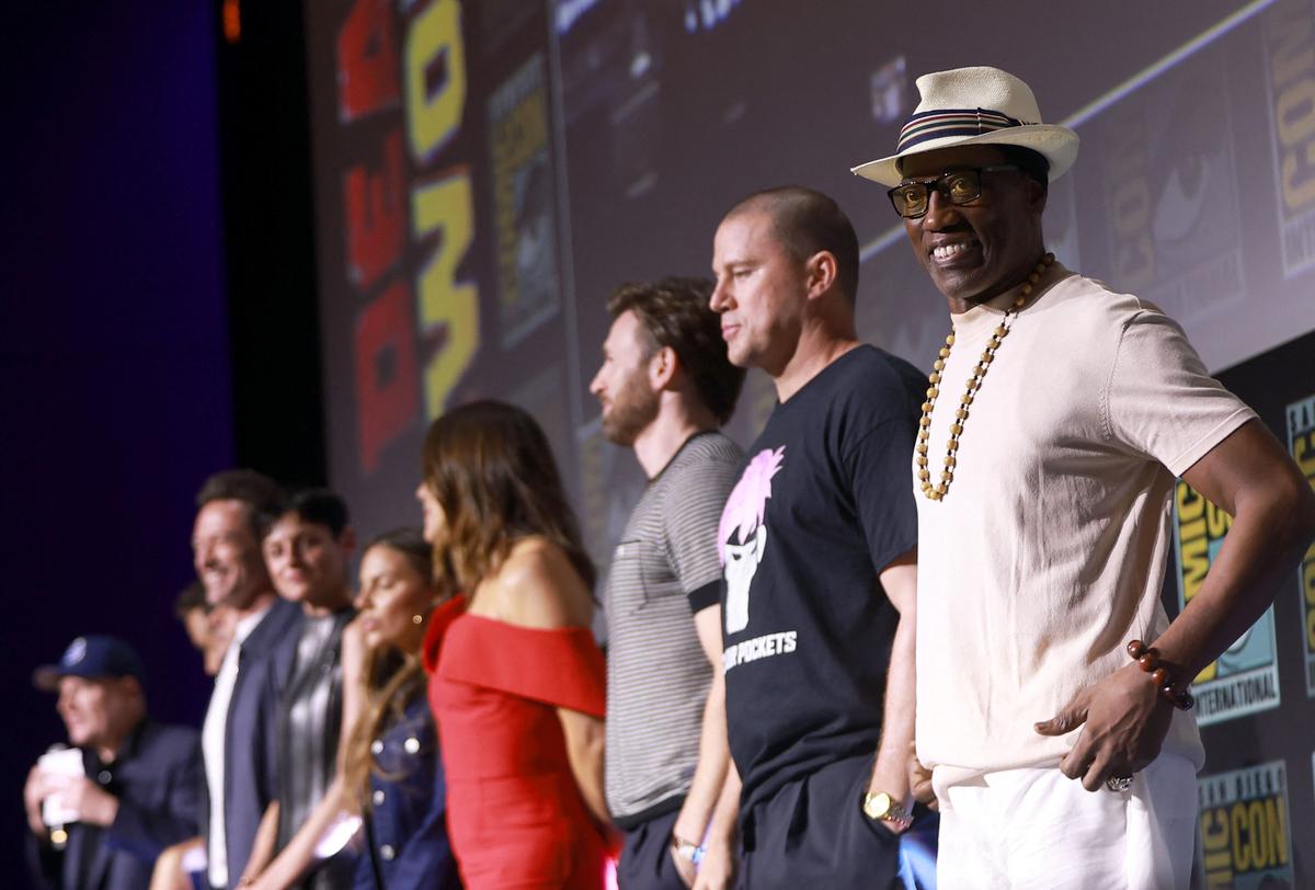 (L-R) Emma Corrin, Dafne Keen, Jennifer Garner, Chris Evans, Channing Tatum and Wesley Snipes speak onstage during “Marvel Studios: The Ultimate Deadpool & Wolverine Celebration Of Life” panel during 2024 Comic-Con International at San Diego Convention Center on July 25, 2024 