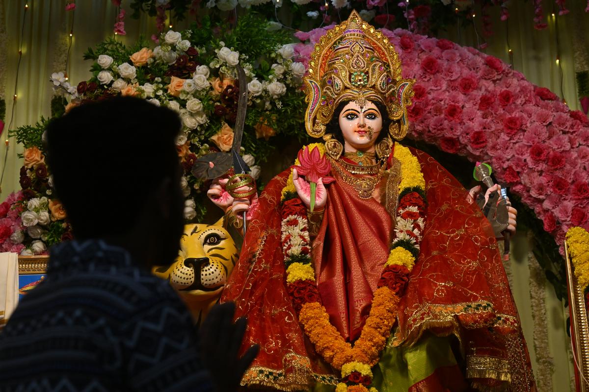An idol, as Sheranwali, made by Tapan Kumar Jena at the North Indian Shiva temple, Udaya Nagar in the city on Wednesday. 