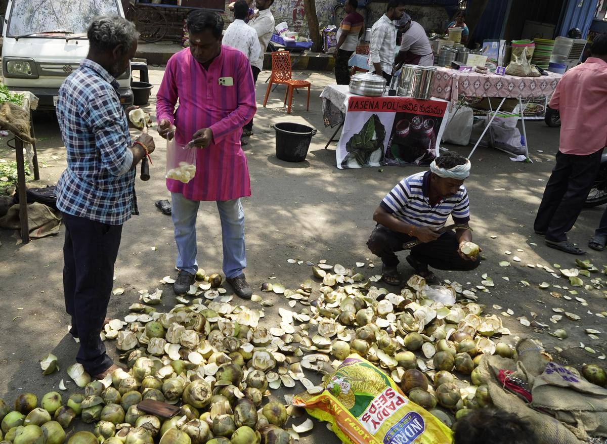 A vendor sells Munjal (Ice Apple) near Indira Park in Hyderabad as the summer season begins.