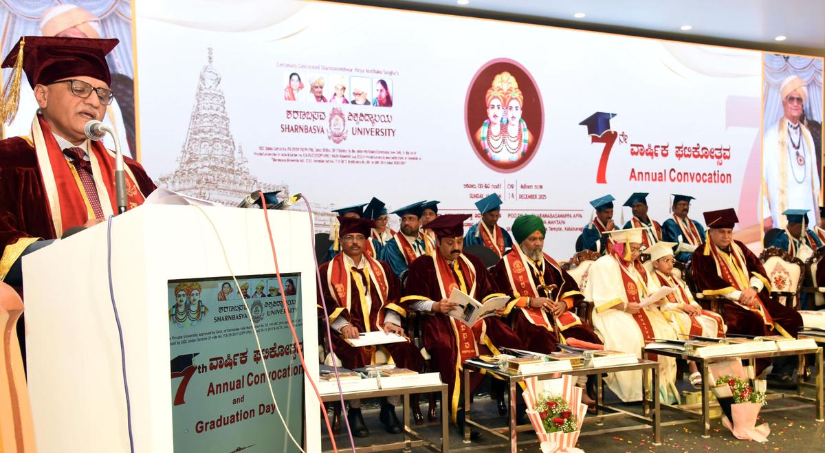 P.L. Patil, senior agriculture scientist and Vice-Chancellor of the University of University of Agriculture Sciences, Dharwad, addressing graduates during the seventh convocation at Sharnbasva University at Sharnbaswappa Appa Anubhava Mantapa in Kalaburagi on Sunday.