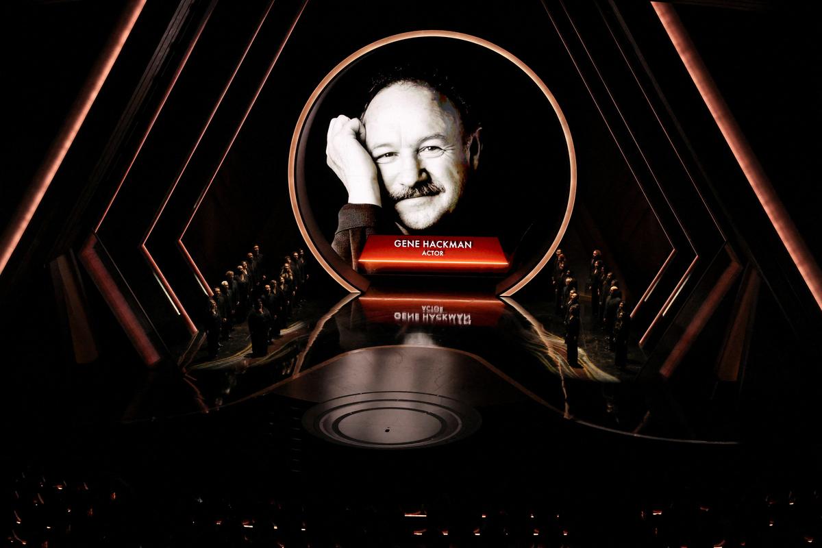 A picture of Gene Hackman is displayed during an in memoriam presentation at the Oscars show at the 97th Academy Awards in Hollywood, Los Angeles, California, U.S., March 2, 2025. 