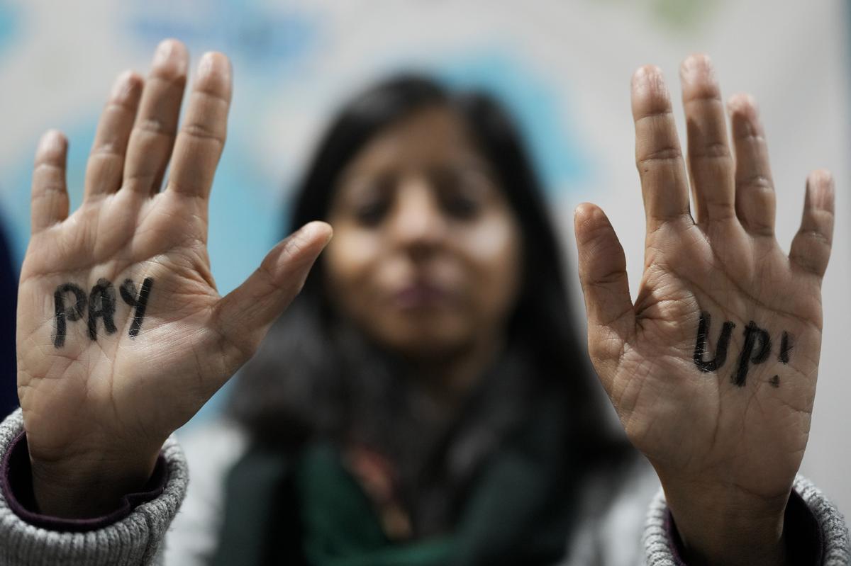 A demonstrator seeking climate finance at the COP29 United Nations Climate Summit, in Baku, Azerbaijan.