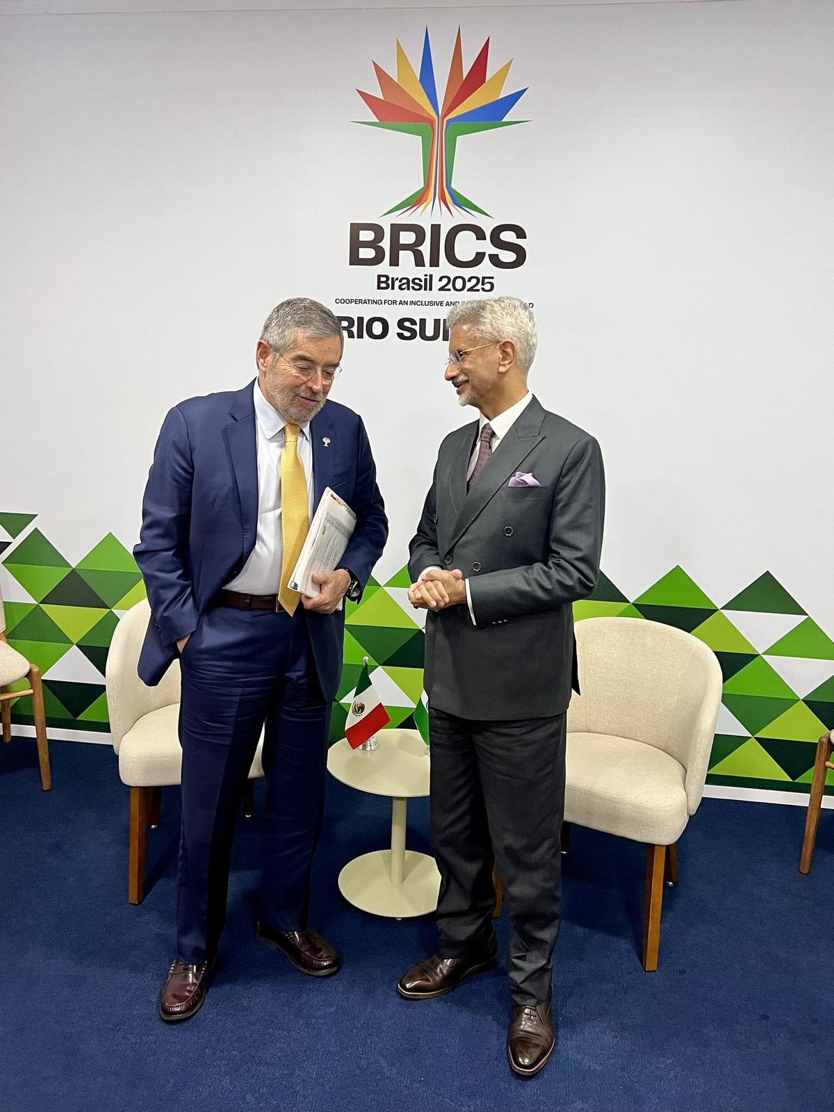 In this image released by @DrSJaishankar via X on July 7, 2025, External Affairs Minister S Jaishankar with Secretary of Foreign Affairs of Mexico Juan Ramon de la Fuente during a meeting, in Brazil. Photo credit: X@DrSJaishankar via PTI In this image released by @DrSJaishankar via X on July 7, 2025, External Affairs Minister S Jaishankar with Secretary of Foreign Affairs of Mexico Juan Ramon de la Fuente during a meeting, in Brazil. Photo credit: X@DrSJaishankar via PTI