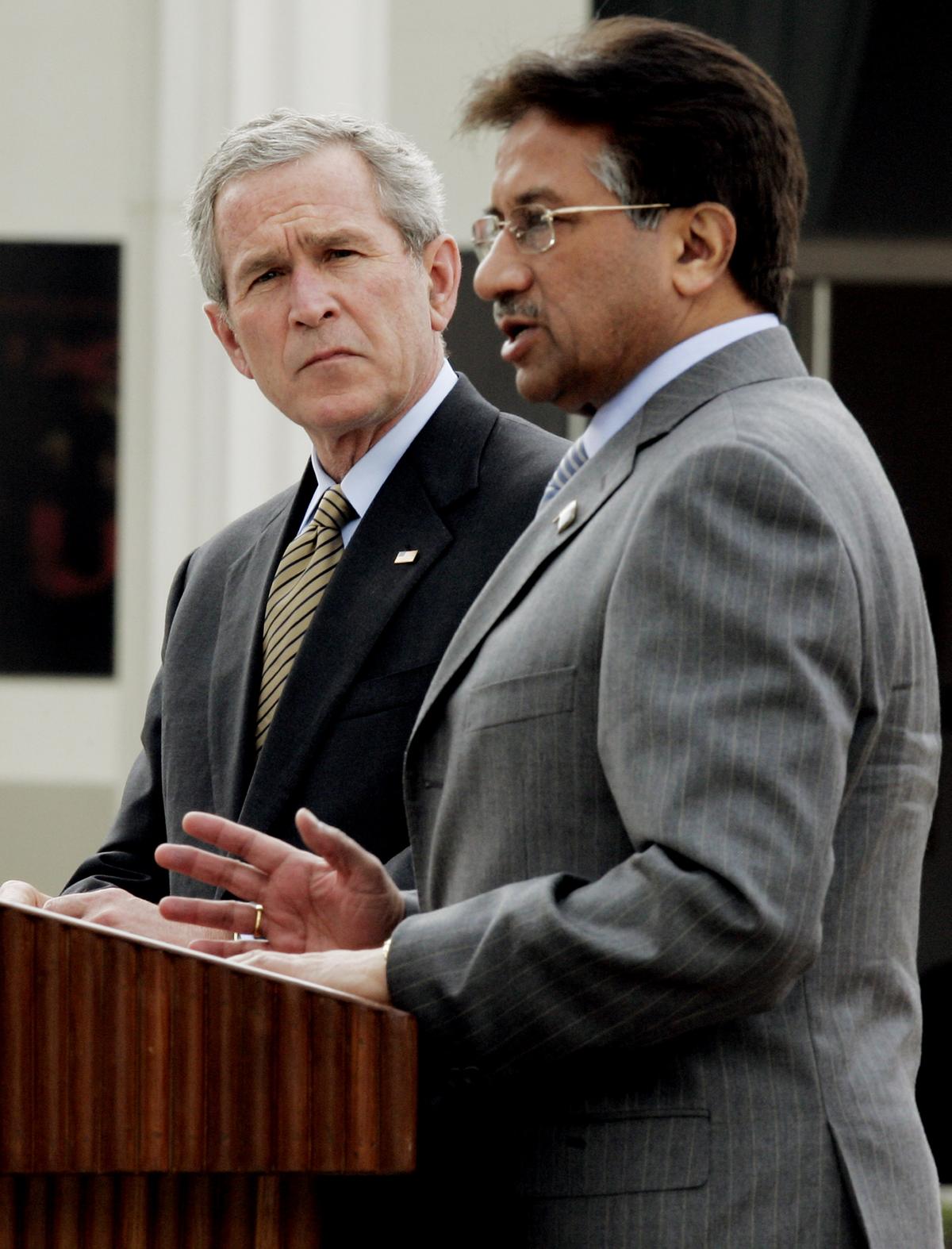 U.S. President George W. Bush, left, and Pakistani President Gen. Pervez Musharraf participate in a joint press availability at Aiwan-e-Sadr, or “house of the President”, in Islamabad, Pakistan, on March 4, 2006. U.S. President George W. Bush, left, and Pakistani President Gen. Pervez Musharraf participate in a joint press availability at Aiwan-e-Sadr, or “house of the President”, in Islamabad, Pakistan, on March 4, 2006.