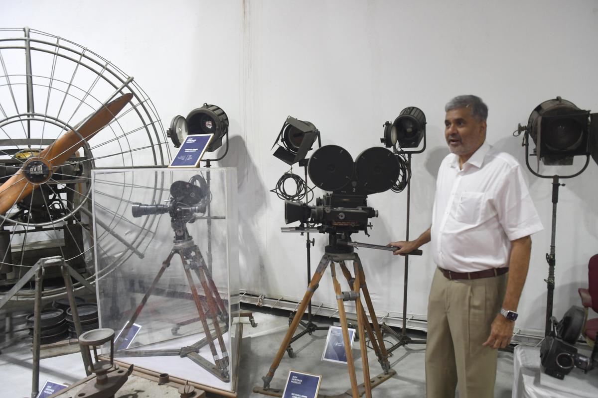 M.S. Guhan with the American-made Mitchell 35mm camera. 